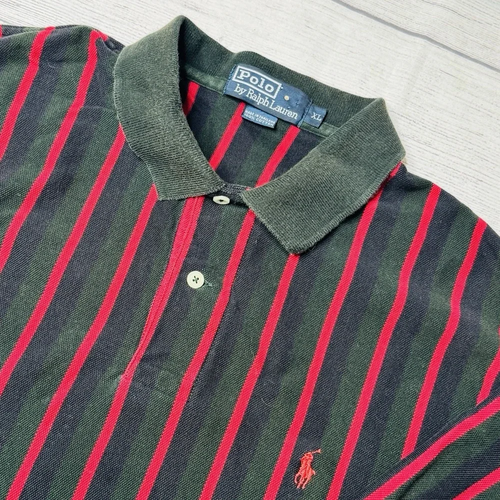 Polo Ralph Lauren Green Black Red Vertical Stripe Polo Shirt‎ XL